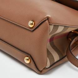 Pre Owned Burberry Brown Leather House Check Canvas Camberley Top Handle Bag