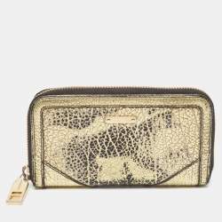 Burberry Gold/Black Textured Leather Zip Around Continental Wallet