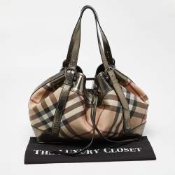 Pre Owned Burberry Metallic/Beige Nova Check Coated Canvas and Patent Leather Beaton Drawstring Bag
