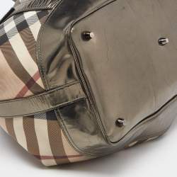 Pre Owned Burberry Metallic/Beige Nova Check Coated Canvas and Patent Leather Beaton Drawstring Bag