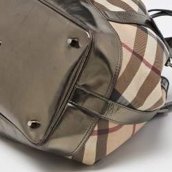 Pre Owned Burberry Metallic/Beige Nova Check Coated Canvas and Patent Leather Beaton Drawstring Bag