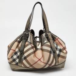 Pre Owned Burberry Metallic/Beige Nova Check Coated Canvas and Patent Leather Beaton Drawstring Bag