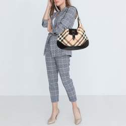 Pre Owned Burberry Black/Beige Nova Check PVC and Patent Leather Brooke Hobo