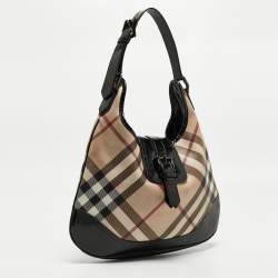 Pre Owned Burberry Black/Beige Nova Check PVC and Patent Leather Brooke Hobo