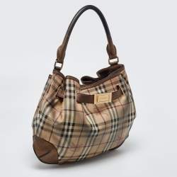 Pre Owned Burberry Bronze/Beige Haymarket Check PVC and Leather Medium Willenmore Hobo