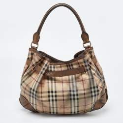 Pre Owned Burberry Bronze/Beige Haymarket Check PVC and Leather Medium Willenmore Hobo