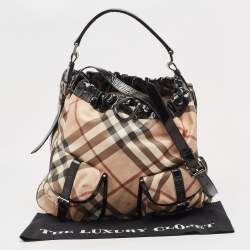 Pre Owned Burberry Black/Beige Supernova Coated Canvas and Patent Leather Drawstring Double Pocket Hobo
