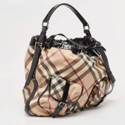 Pre Owned Burberry Black/Beige Supernova Coated Canvas and Patent Leather Drawstring Double Pocket Hobo