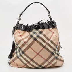 Pre Owned Burberry Black/Beige Supernova Coated Canvas and Patent Leather Drawstring Double Pocket Hobo