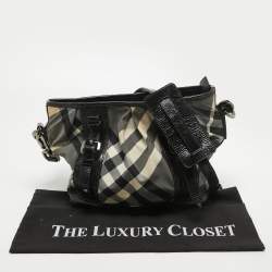 Pre Owned Burberry Black/White Beat Check Nylon and Patent Leather Lowry Shoulder Bag