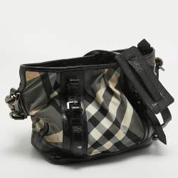 Pre Owned Burberry Black/White Beat Check Nylon and Patent Leather Lowry Shoulder Bag