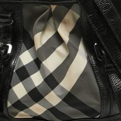 Pre Owned Burberry Black/White Beat Check Nylon and Patent Leather Lowry Shoulder Bag