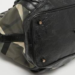 Pre Owned Burberry Black/White Beat Check Nylon and Patent Leather Lowry Shoulder Bag