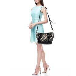 Pre Owned Burberry Black/White Beat Check Nylon and Patent Leather Lowry Shoulder Bag