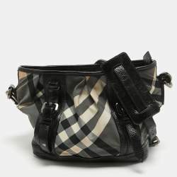 Pre Owned Burberry Black/White Beat Check Nylon and Patent Leather Lowry Shoulder Bag