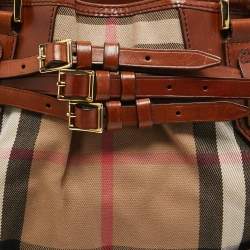 مملوكة مسبقًا حقيبة يد توتس بربري بريدل لينهير جلد وقماش هاوس تشيك بني متوسطة