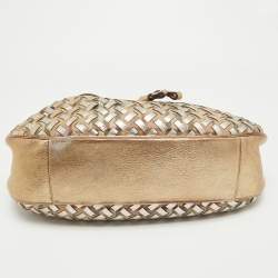 Pre Owned Burberry Gold/Beige House Check PVC and Leather Mini Warrior Hobo