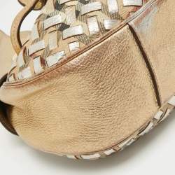 Pre Owned Burberry Gold/Beige House Check PVC and Leather Mini Warrior Hobo