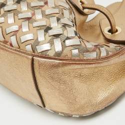 Pre Owned Burberry Gold/Beige House Check PVC and Leather Mini Warrior Hobo