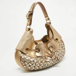 Pre Owned Burberry Gold/Beige House Check PVC and Leather Mini Warrior Hobo