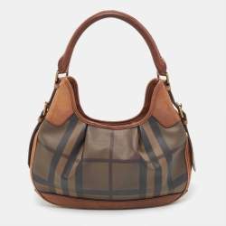 Pre Owned Burberry Dark Tan Smoked Beat Check Coated Canvas Small Brooklyn Hobo