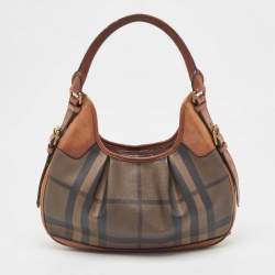 Pre Owned Burberry Dark Tan Smoked Beat Check Coated Canvas Small Brooklyn Hobo