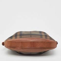 Pre Owned Burberry Dark Tan Smoked Beat Check Coated Canvas Small Brooklyn Hobo