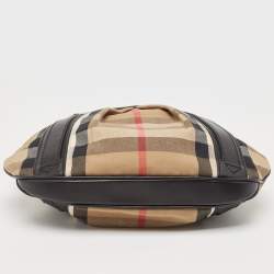 Pre Owned Burberry Black/Beige House Check Canvas and Leather Phoebe Hobo
