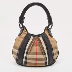 Pre Owned Burberry Black/Beige House Check Canvas and Leather Phoebe Hobo