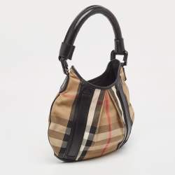 Pre Owned Burberry Black/Beige House Check Canvas and Leather Phoebe Hobo