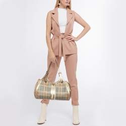 Pre Owned Burberry Beige/Gold Haymarket Check PVC and Leather Hobo