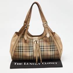 Pre Owned Burberry Beige/Gold Haymarket Check PVC and Leather Hobo