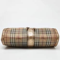 Pre Owned Burberry Beige/Gold Haymarket Check PVC and Leather Hobo