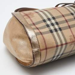 Pre Owned Burberry Beige/Gold Haymarket Check PVC and Leather Hobo