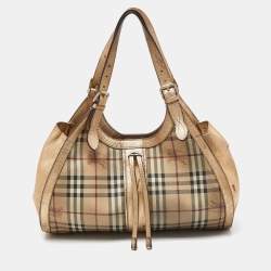 Pre Owned Burberry Beige/Gold Haymarket Check PVC and Leather Hobo