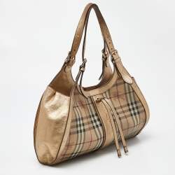 Pre Owned Burberry Beige/Gold Haymarket Check PVC and Leather Hobo