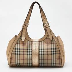 Pre Owned Burberry Beige/Gold Haymarket Check PVC and Leather Hobo
