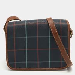 Pre Owned Burberry Navy Blue/Multicolor Coated Canvas Checkered Flap Bag