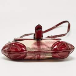 Pre Owned Burberry Burgundy/Beige House Check PVC and Patent Leather Heart Flap Crossbody Bag