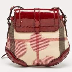 Pre Owned Burberry Burgundy/Beige House Check PVC and Patent Leather Heart Flap Crossbody Bag