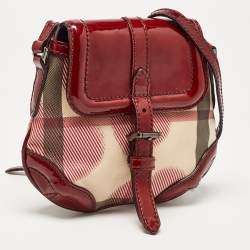 Pre Owned Burberry Burgundy/Beige House Check PVC and Patent Leather Heart Flap Crossbody Bag