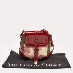 Pre Owned Burberry Burgundy/Beige House Check PVC and Patent Leather Heart Flap Crossbody Bag