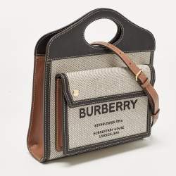 Pre Owned Burberry Black/Brown Leather and Canvas Mini Pocket Tote