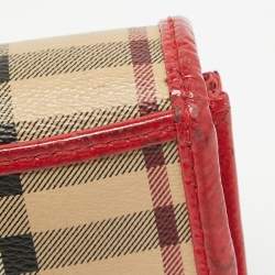 Pre Owned Burberry Red/Beige House Check Coated Canvas and Patent Leather Flap Continental Wallet