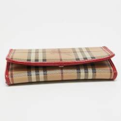 Pre Owned Burberry Red/Beige House Check Coated Canvas and Patent Leather Flap Continental Wallet