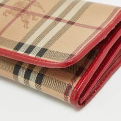 Pre Owned Burberry Red/Beige House Check Coated Canvas and Patent Leather Flap Continental Wallet