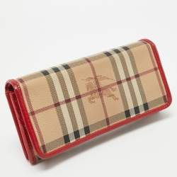 Pre Owned Burberry Red/Beige House Check Coated Canvas and Patent Leather Flap Continental Wallet