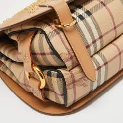مملوكة مسبقًا Burberry Tan/Beige Leather and Hypermarket Coated Canvas Studded Bridle Bag