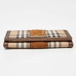 Pre Owned Burberry Beige/Metallic Nova Check PVC,Leather and Suede Flap Continental Wallet