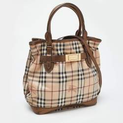 Pre Owned Burberry Beige/Metallic Haymarket Check Canvas and Leather Medium Golderton Tote